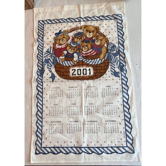 Teddy Bear 2001 Calendar Tea Towel Vintage Blue White - Picture 5 of 5